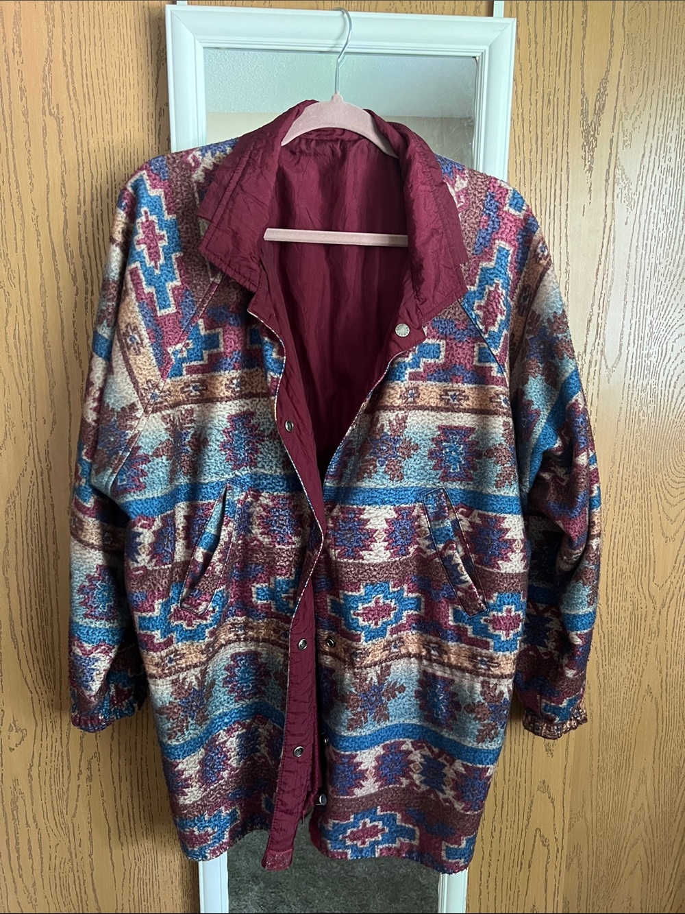 Reversible Maroon Multicolor Southwestern-Print Women's Coat